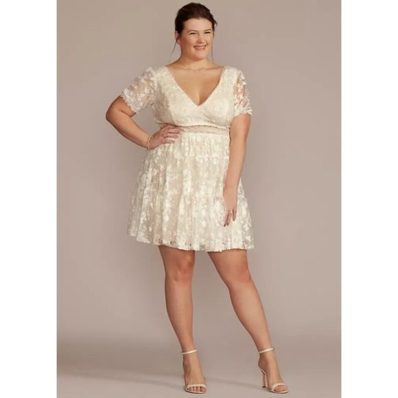 DB Studio Nwt 3D Soft White Floral Lace V-Neck Short Dress, Size 12 - Picture 2 of 16